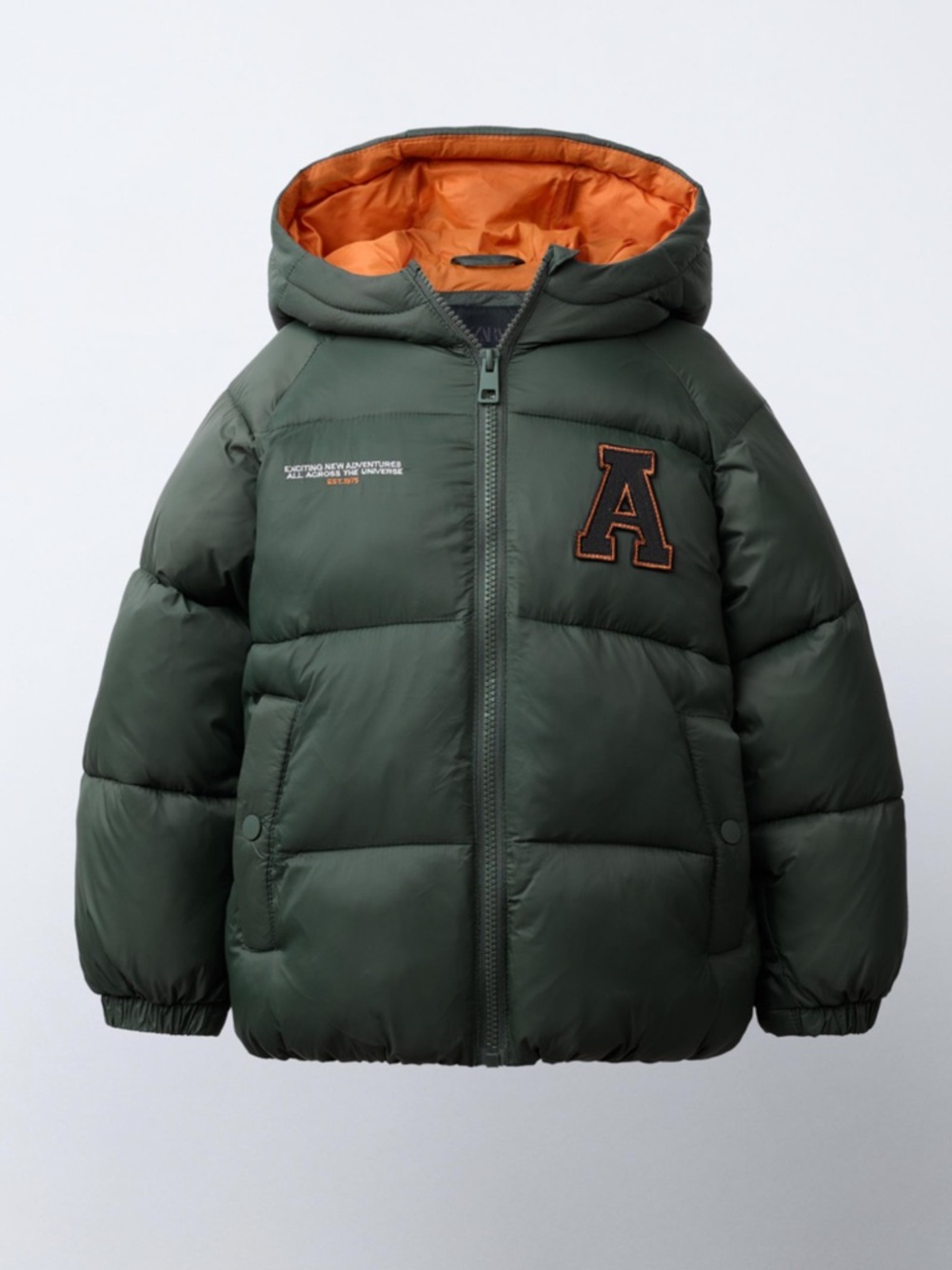Zara Green Puffer Hooded Jacket with Orange Lining and 'A' Patch 4T